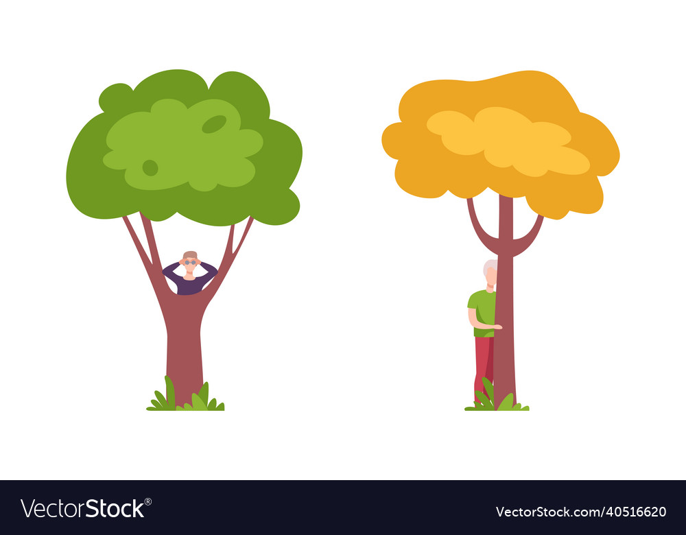 Man character standing behind tree trunk peeking Vector Image