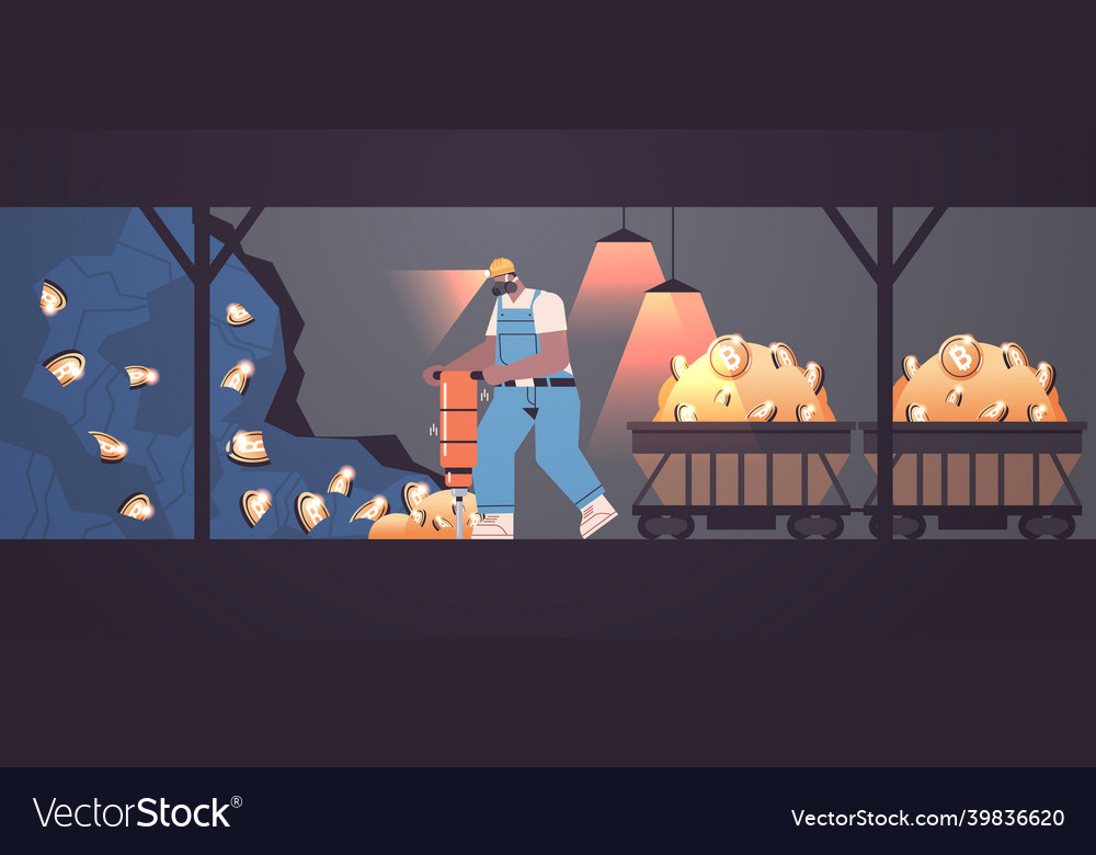 Man miner digging and extracting bitcoins in mine vector image Man miner digging and extracting bitcoins in mine
