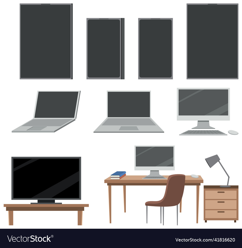 Set of different laptop computer in office Vector Image Set of different laptop computer in office