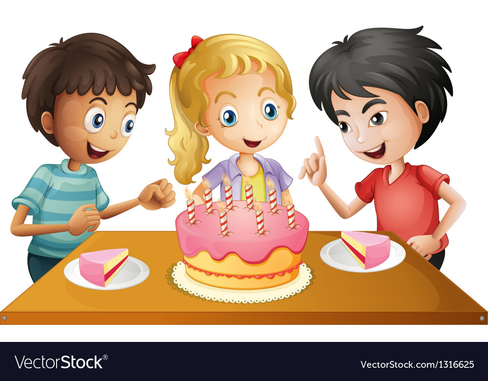 A table with cake surrounded by three kids