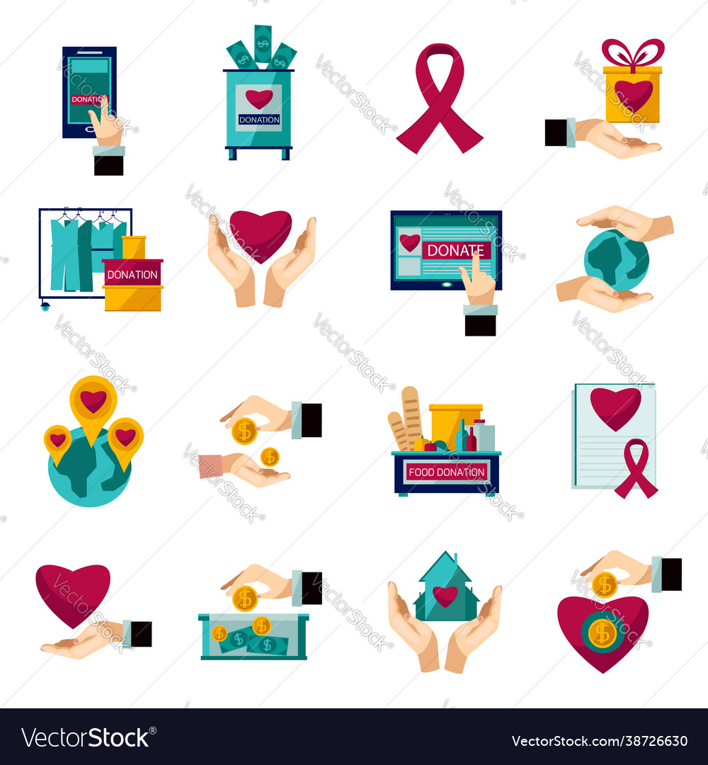 Charity donation flat icons set