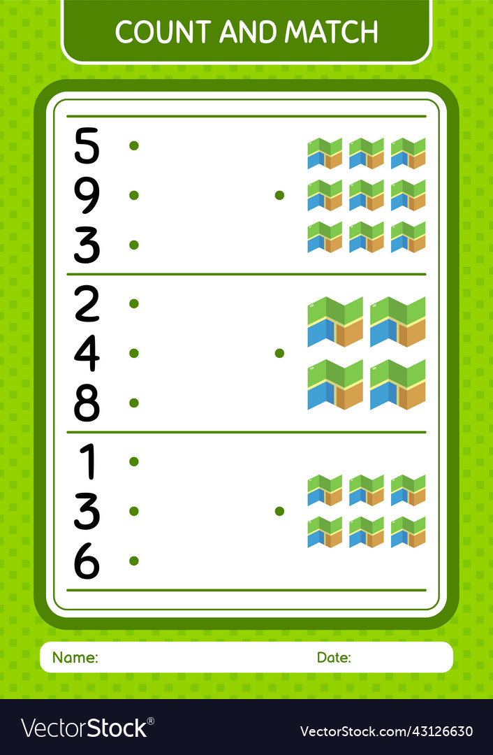 Count and match game with map worksheet vector image Count and match game with map worksheet