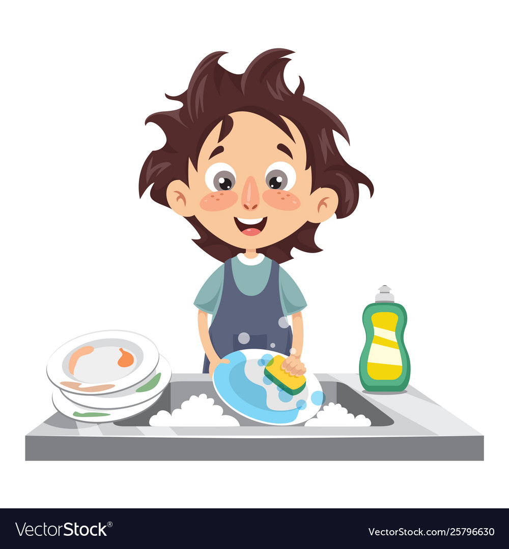 Dish washing concept. Child boy washing the dishes in the kitchen