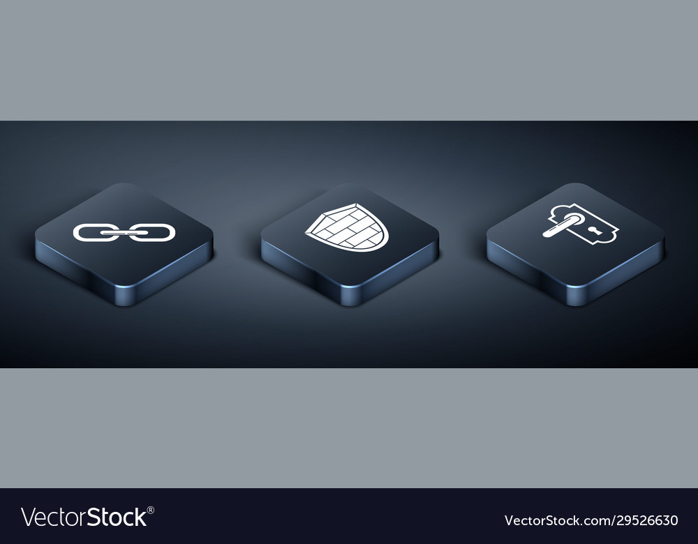 Set isometric chain link door handle and shield vector image Set isometric chain link door handle and shield
