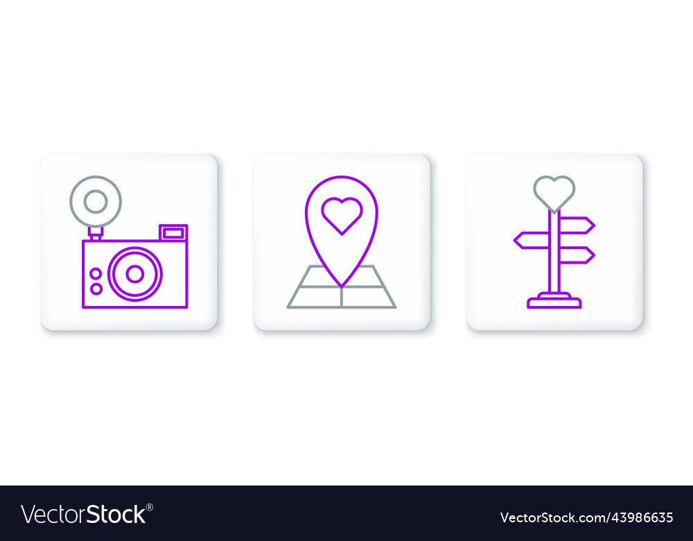 Set line signpost with heart photo camera and map vector image Set line signpost with heart photo camera and map