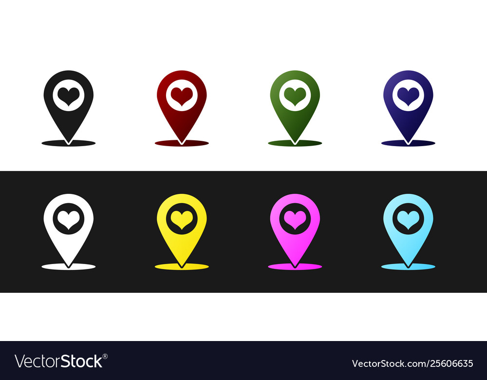 Set map pointer with heart icon isolated on black vector image Set map pointer with heart icon isolated on black