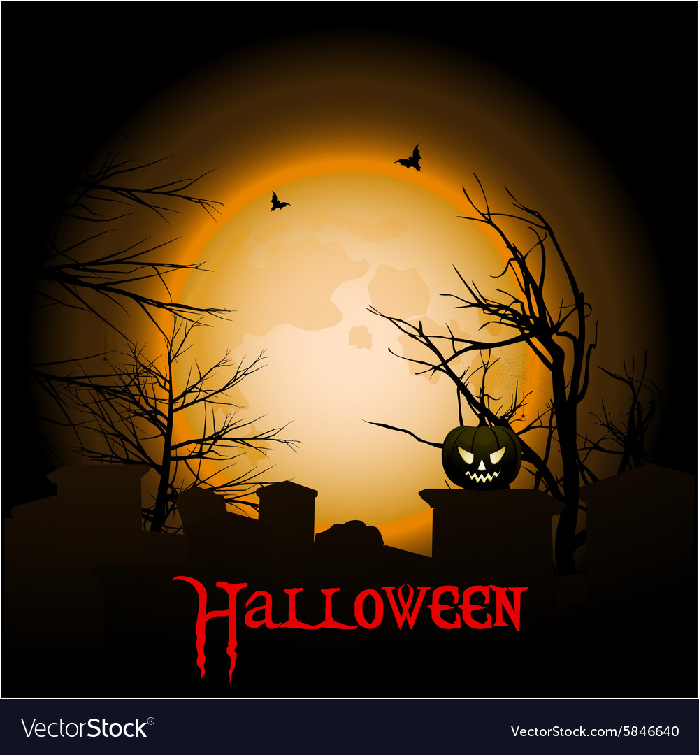 Halloween background with moon graveyard and text