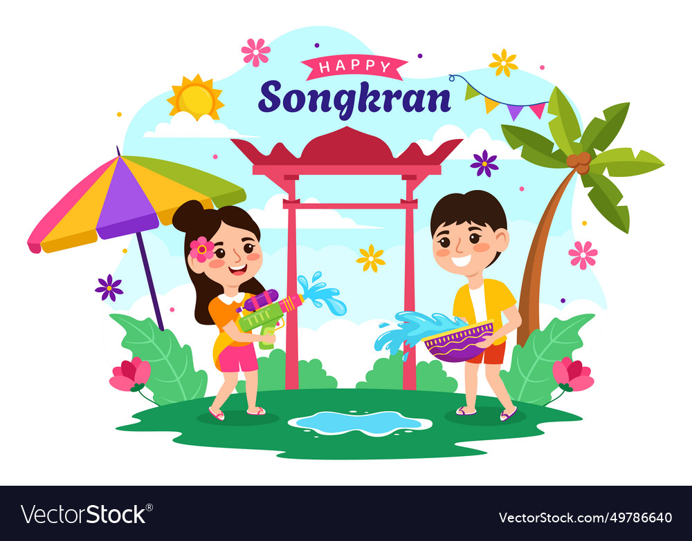 Happy songkran festival day with kids playing