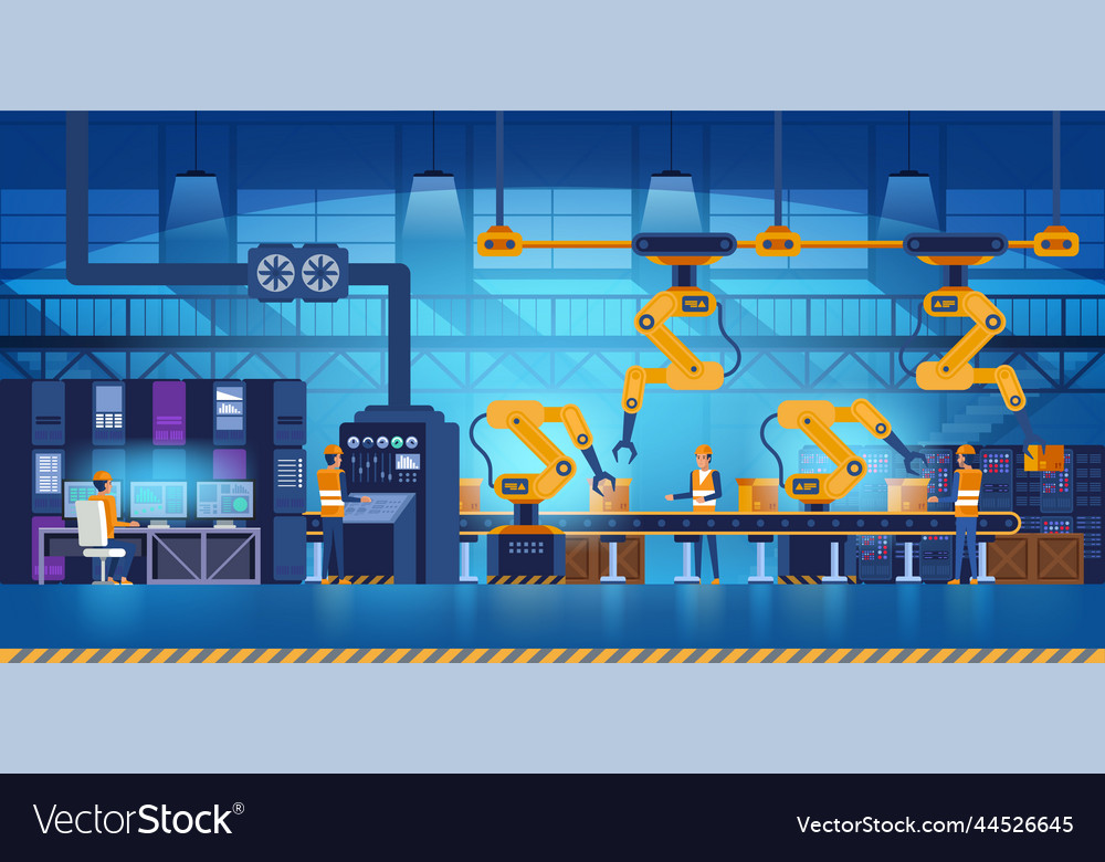 Effiziente Smart Factory mit Arbeiterrobotern vector image Effiziente Smart Factory mit Arbeiterrobotern