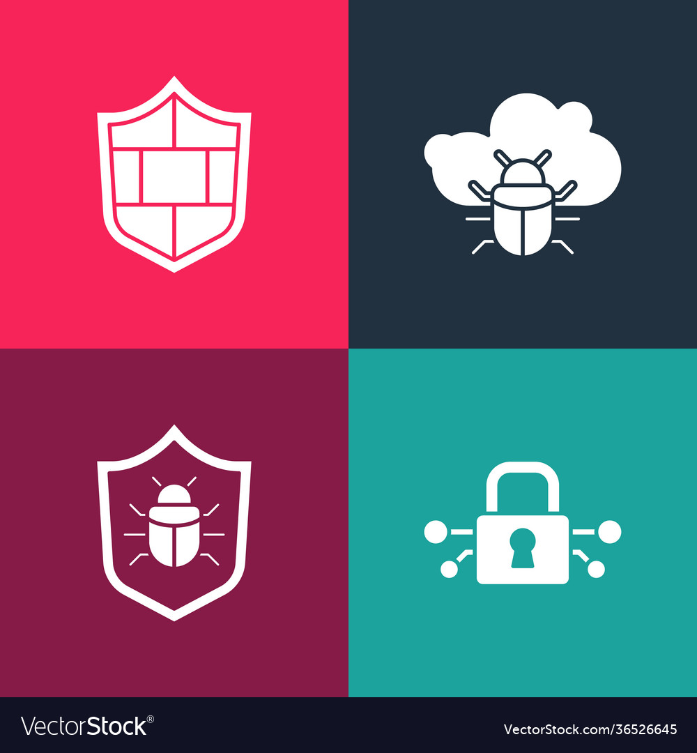 Set pop art cyber security system bug on a cloud vector image Set pop art cyber security system bug on a cloud