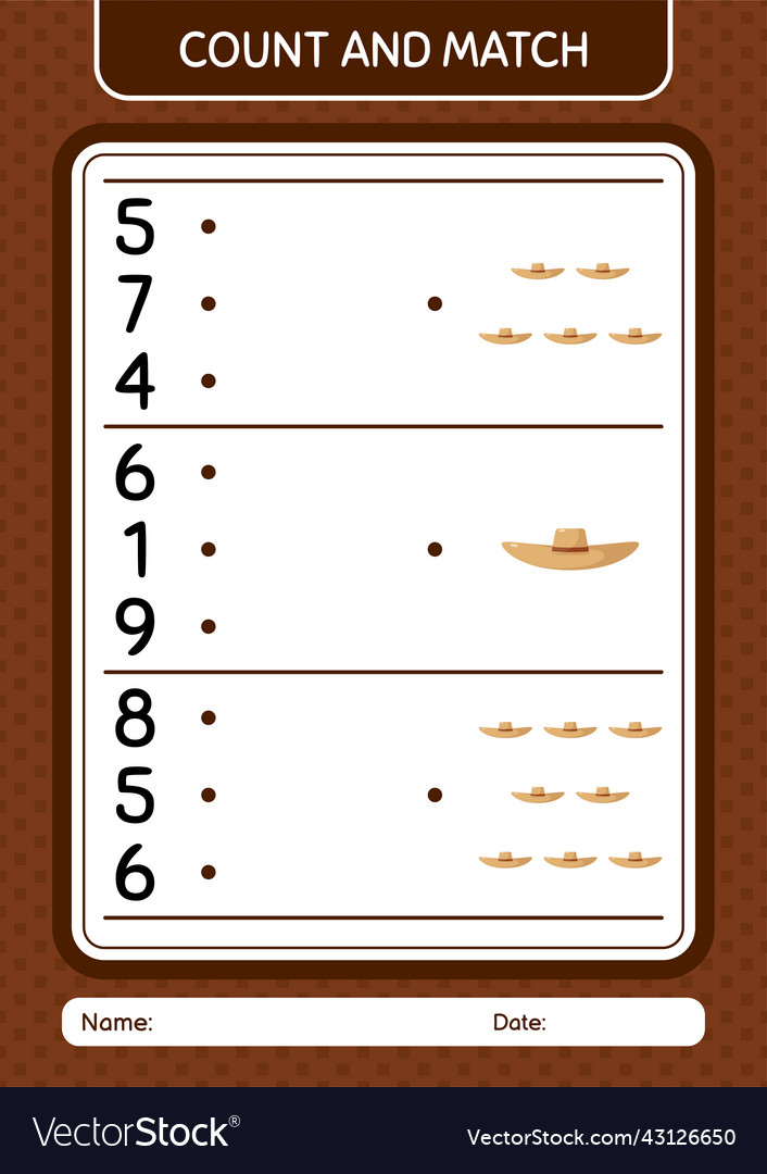 Count and match game with straw hat worksheet vector image Count and match game with straw hat worksheet