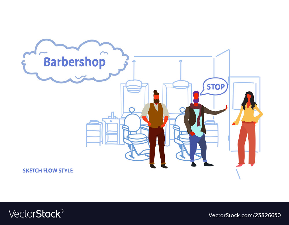 Couple stylish barbers showing stop sign to girl