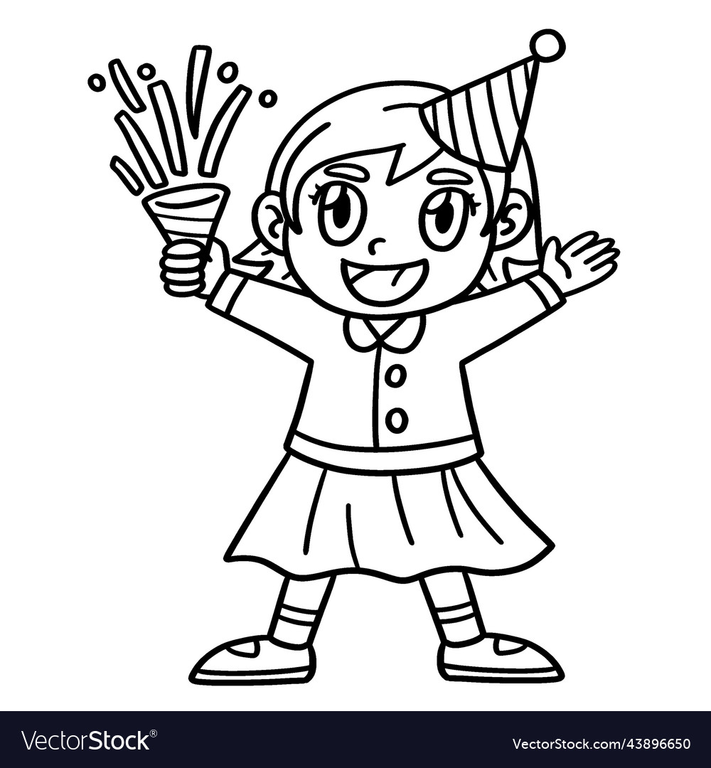 Girl celebrating new year isolated coloring page