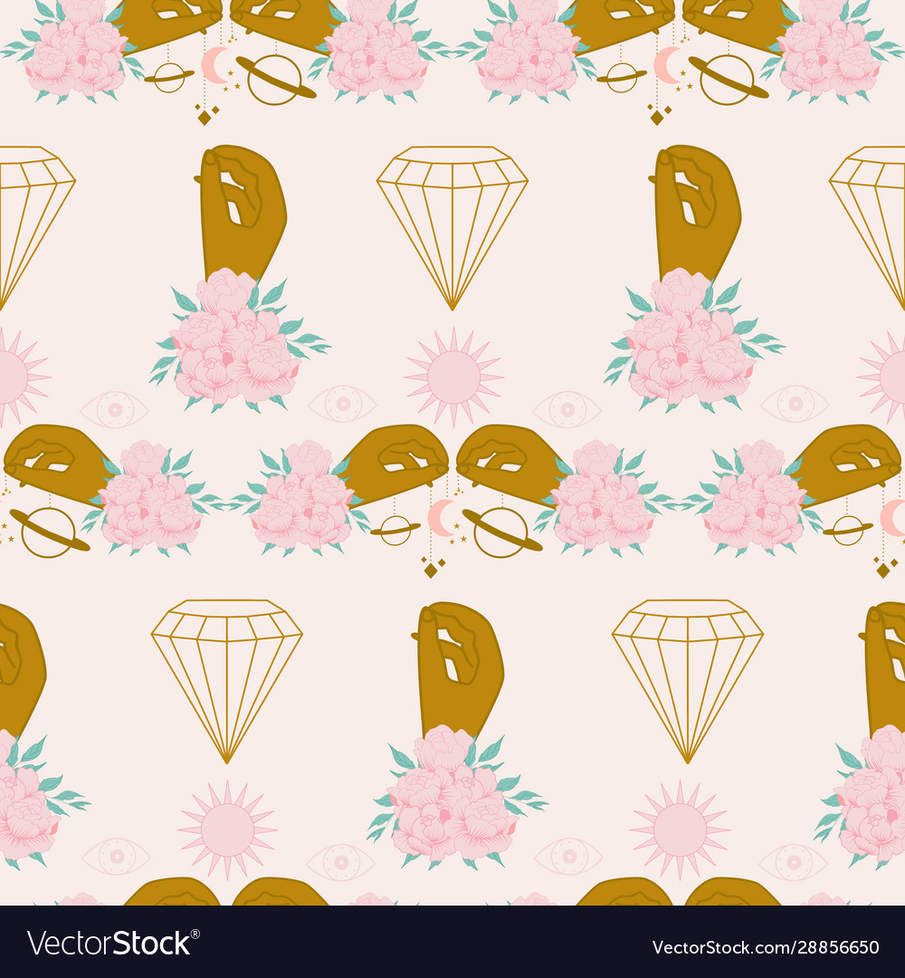 Hands flowers and diamonds in a seamless pattern