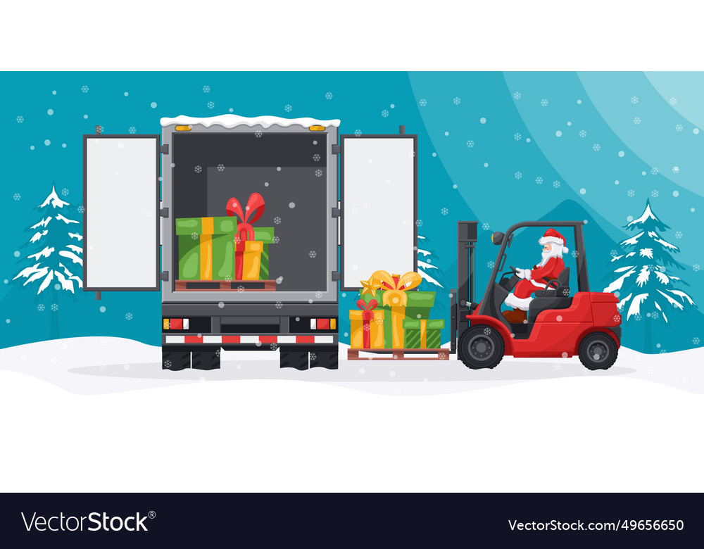 Santa claus driving a forklift loading gifts Vector Image