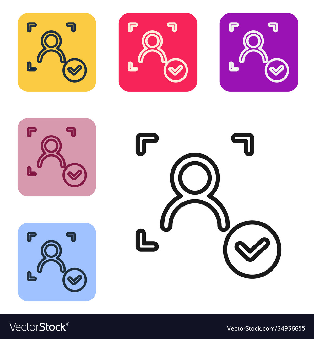 Black line face recognition with check mark icon vector image Black line face recognition with check mark icon