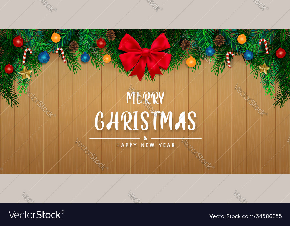 Merry christmas and happy new year in wooden wall Vector Image