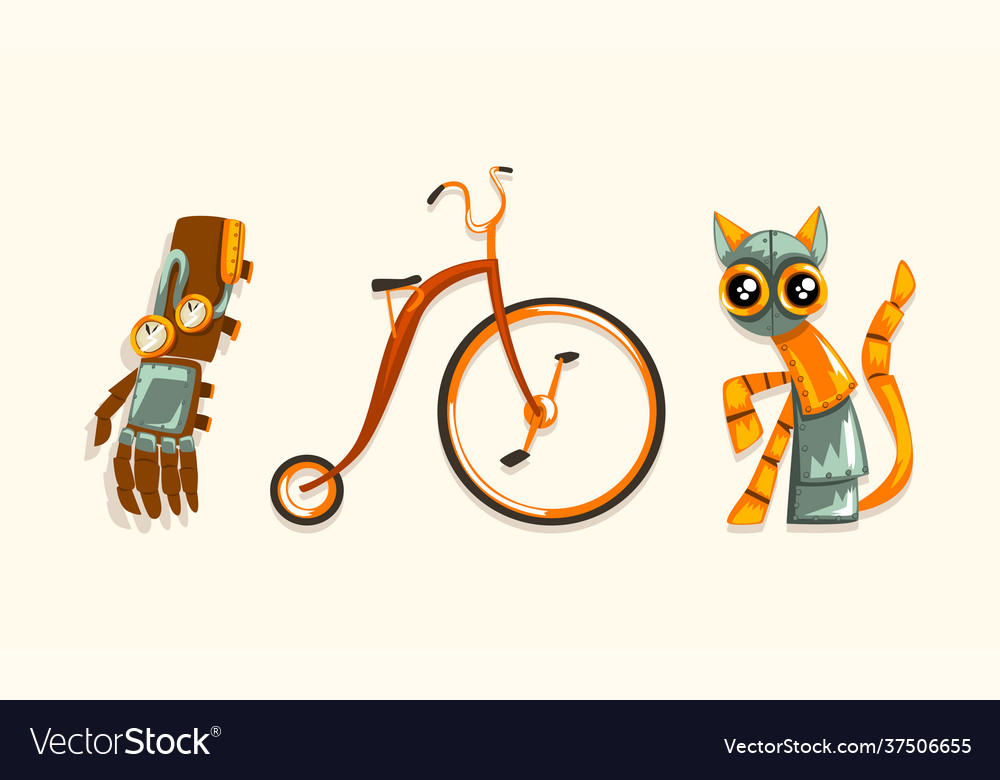 Steampunk fictional objects and mechanism with cat vector image Steampunk fictional objects and mechanism with cat