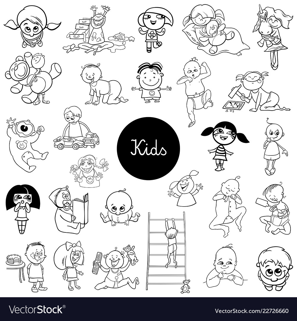 Cartoon kids characters black and white set Vector Image