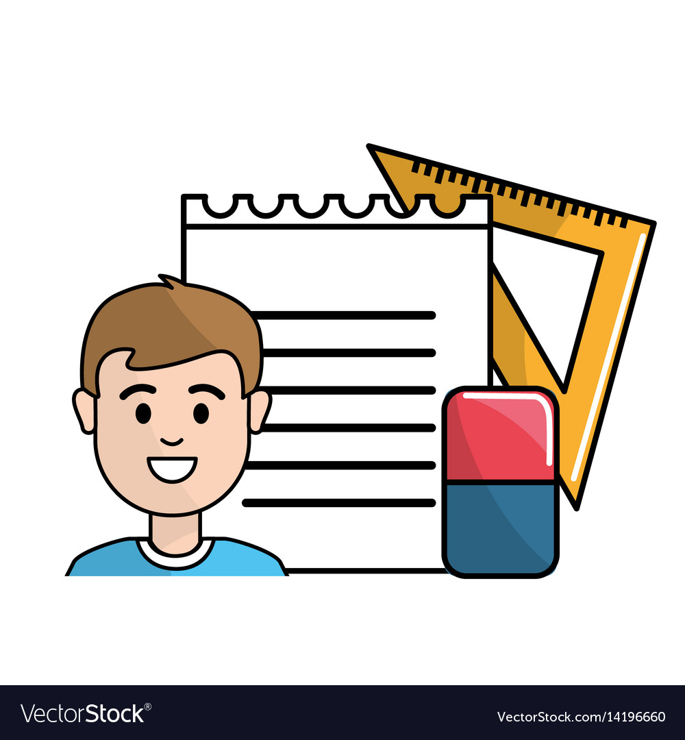 Student with notebook papper eraser and triangle