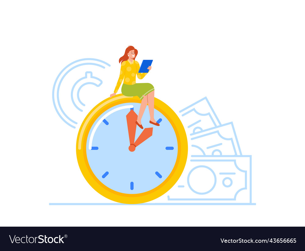 Confident businesswoman sitting on huge clock