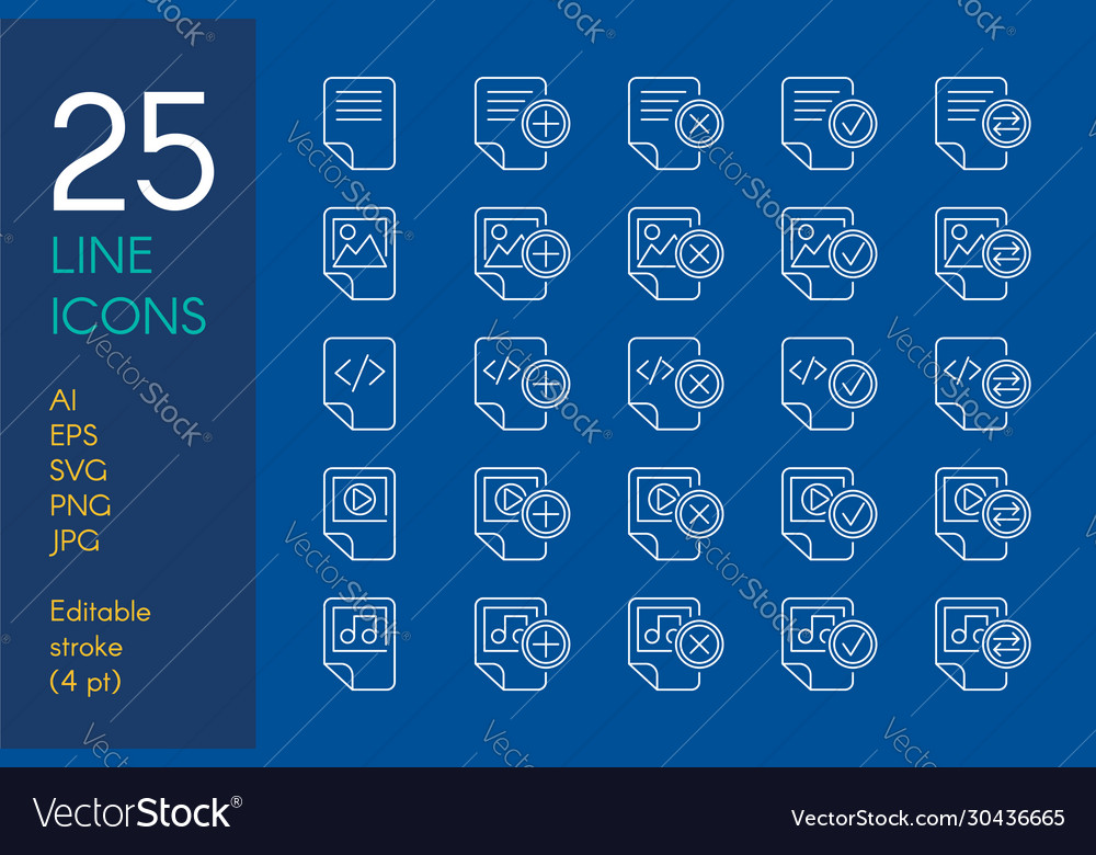 Documents and files color linear icons set vector image Documents and files color linear icons set