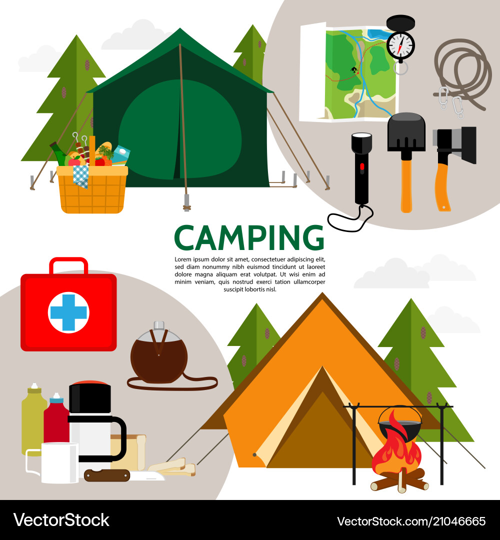 Flat camping icons composition Royalty Free Vector Image