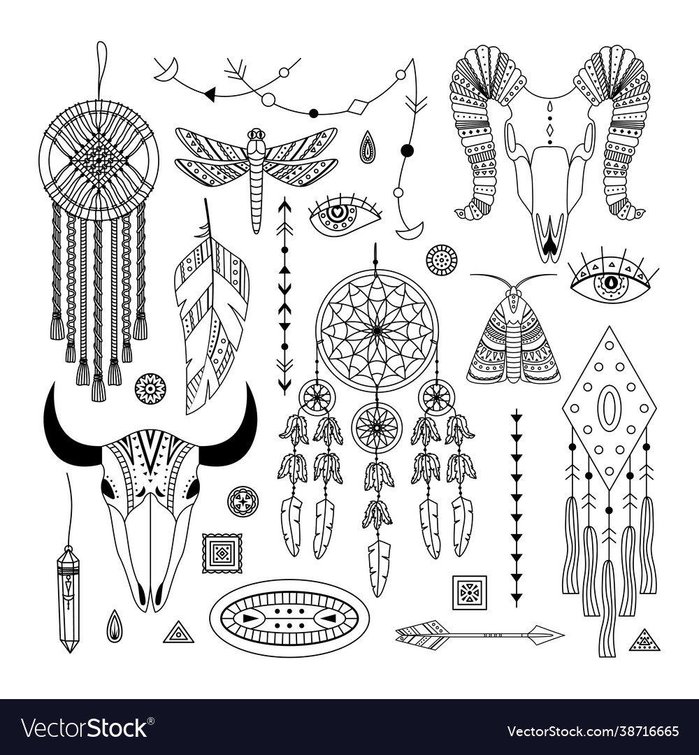 Set boho line art dreamcathers animal skull Vector Image Set boho line art dreamcathers animal skull