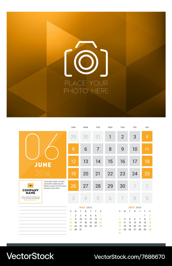 Calendar For 16 Year June Design Clean Template Vector Image