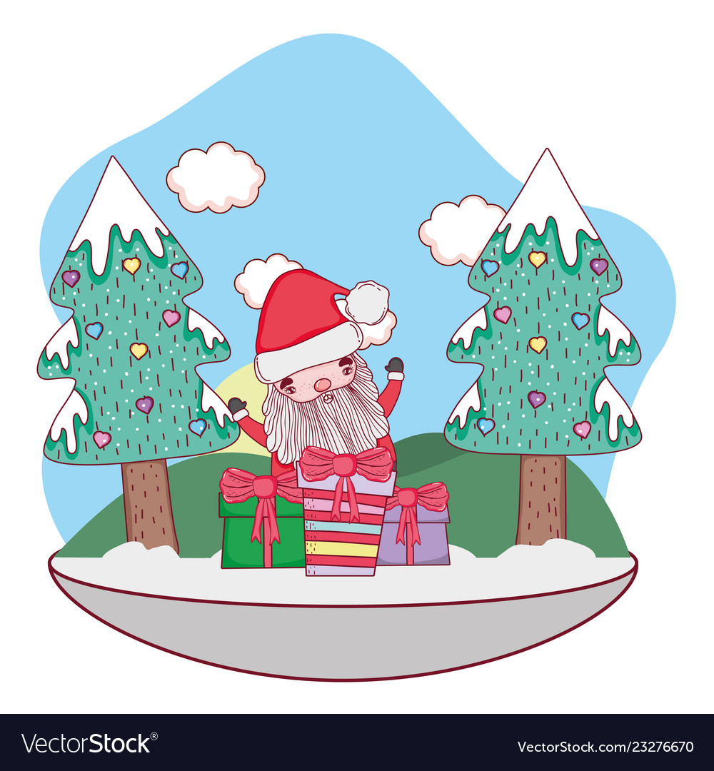 Christmas santa claus with gift in the snowscape