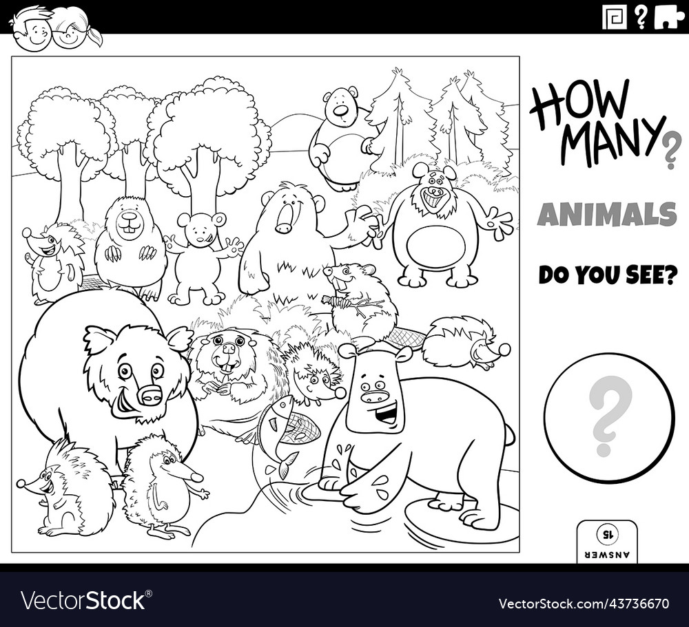 Count cartoon animals educational game coloring vector image Count cartoon animals educational game coloring