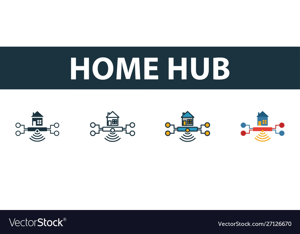 Home hub icon set four simple symbols in different vector image Home hub icon set four simple symbols in different