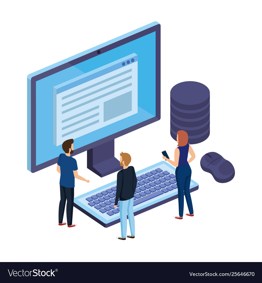 People with computer desktop and data disks vector image People with computer desktop and data disks