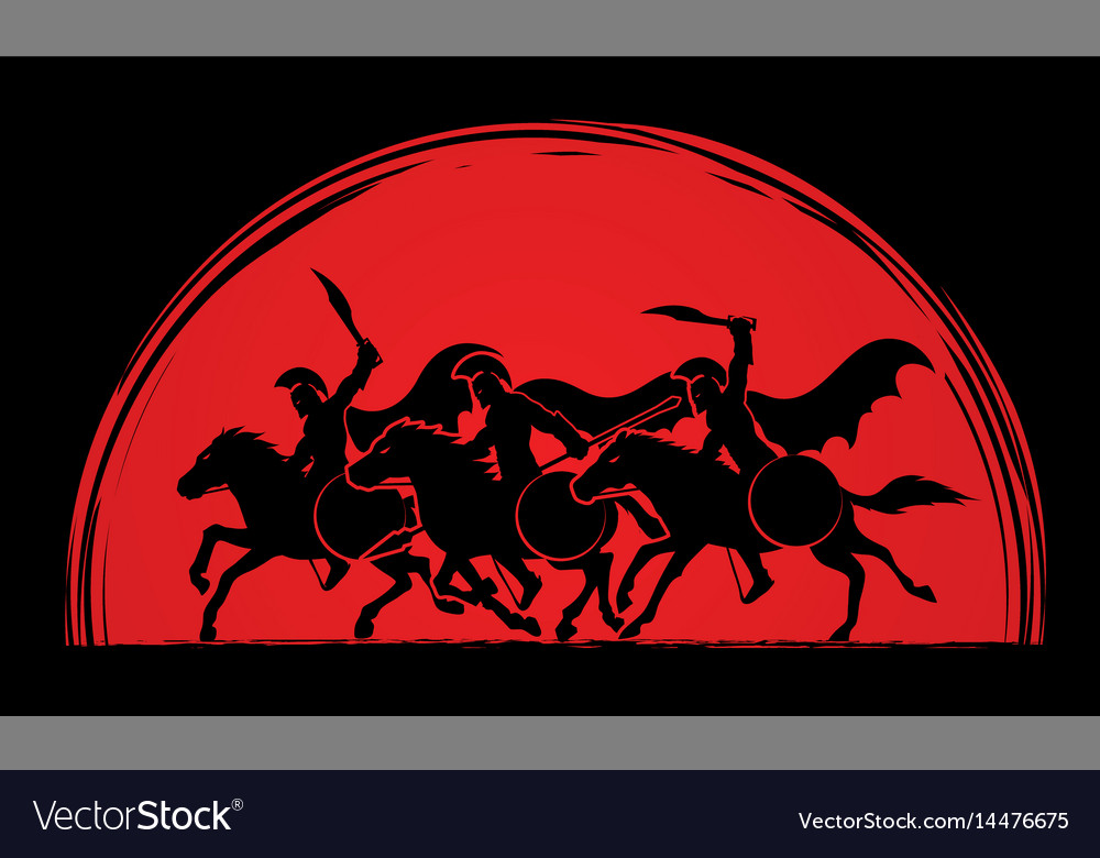 3 spartan warriors riding horses with weapon