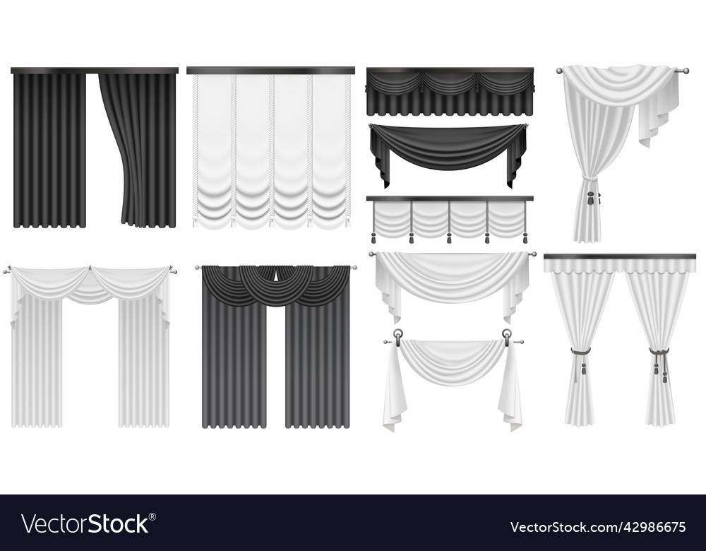 Black and white curtains set 3d open closed Vector Image