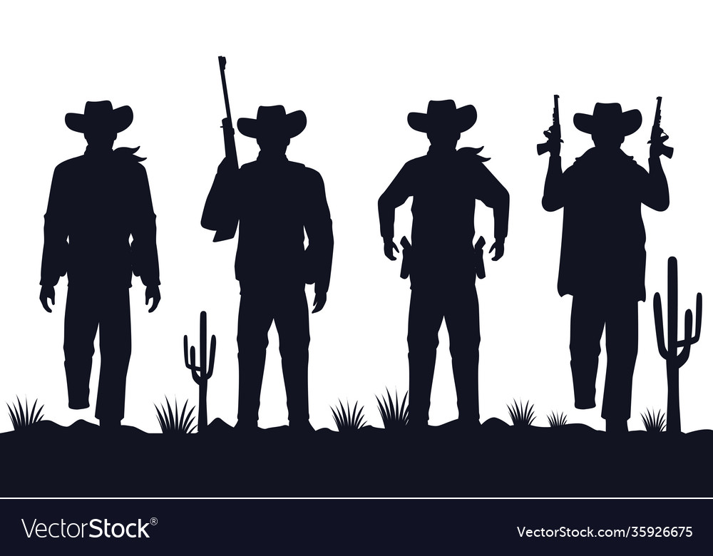 Cowboys figures silhouettes with guns characters Vector Image