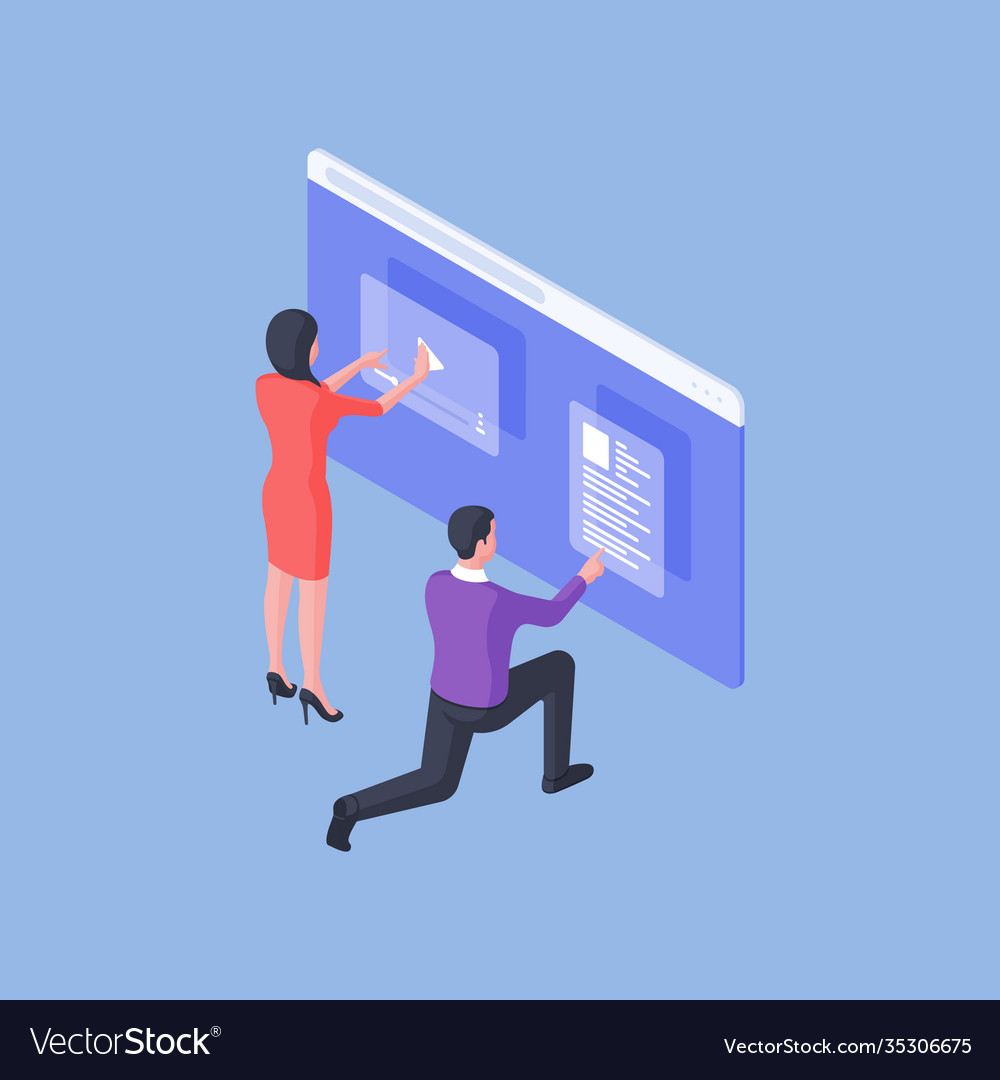 Managers working on content modern website vector image Managers working on content modern website
