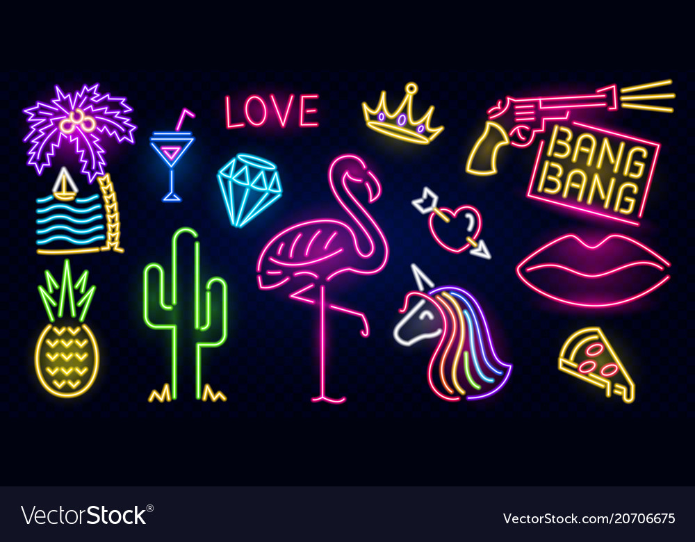 Set of fashion neon sign night bright signboard