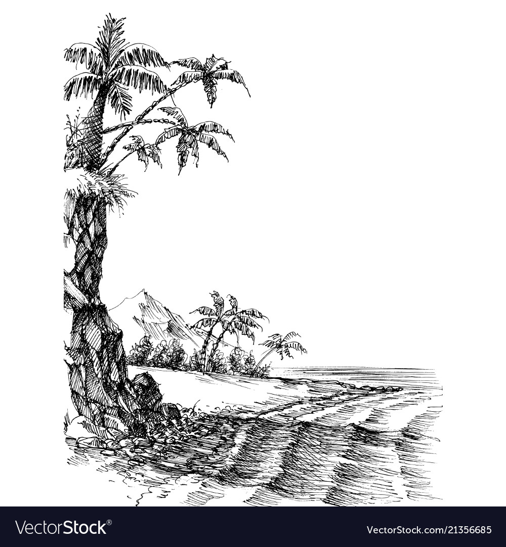 Beach and sea view palm trees on shore Royalty Free Vector