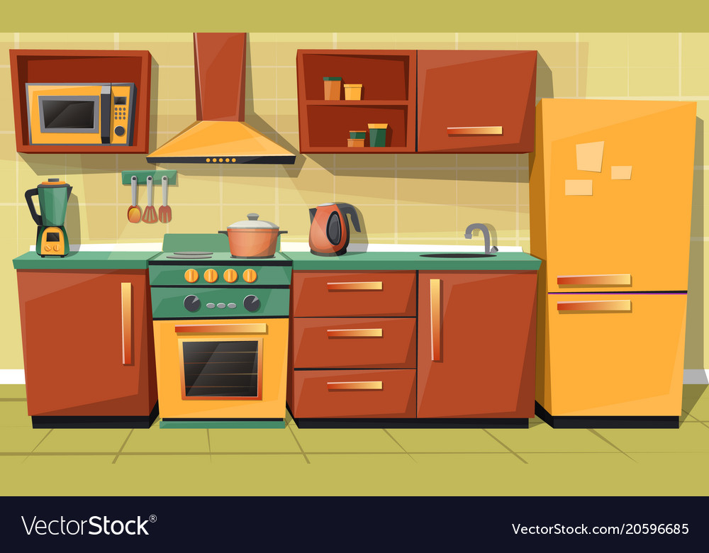 Kitchen Cartoon Images Cartoon Kitchen Interior Furniture Items   Cartoon Kitchen Counter With Appliances Vector 20596685 