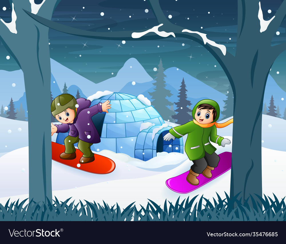 Children on snowboards in winter landscape