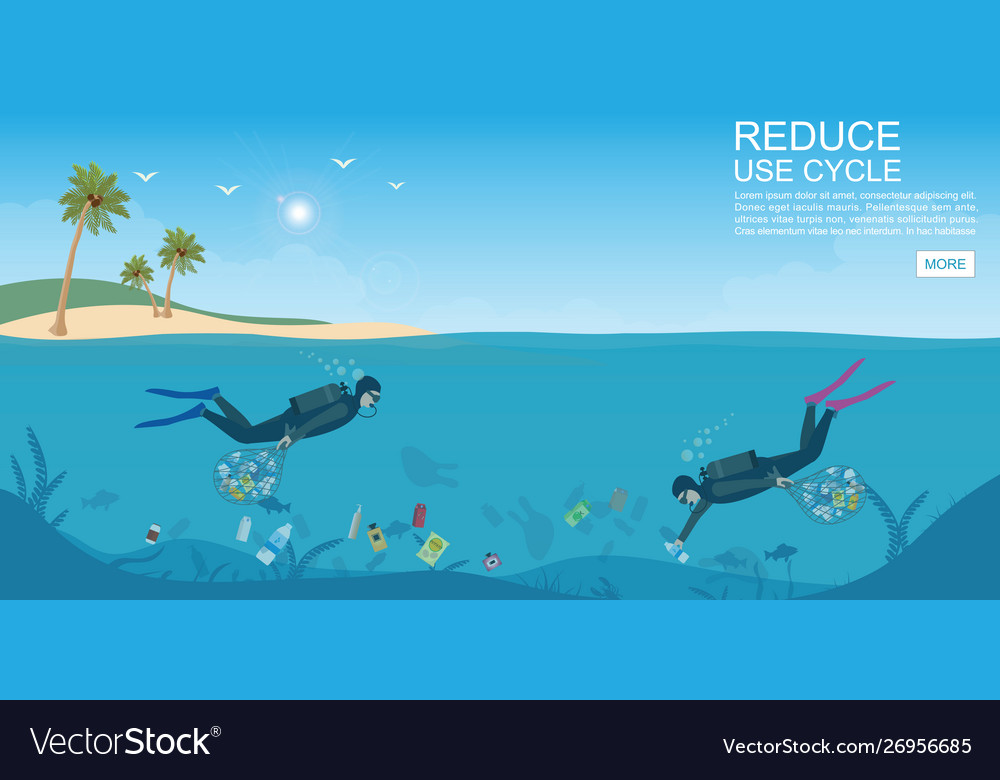 Diver cleaning plastic trash from ocean Royalty Free Vector