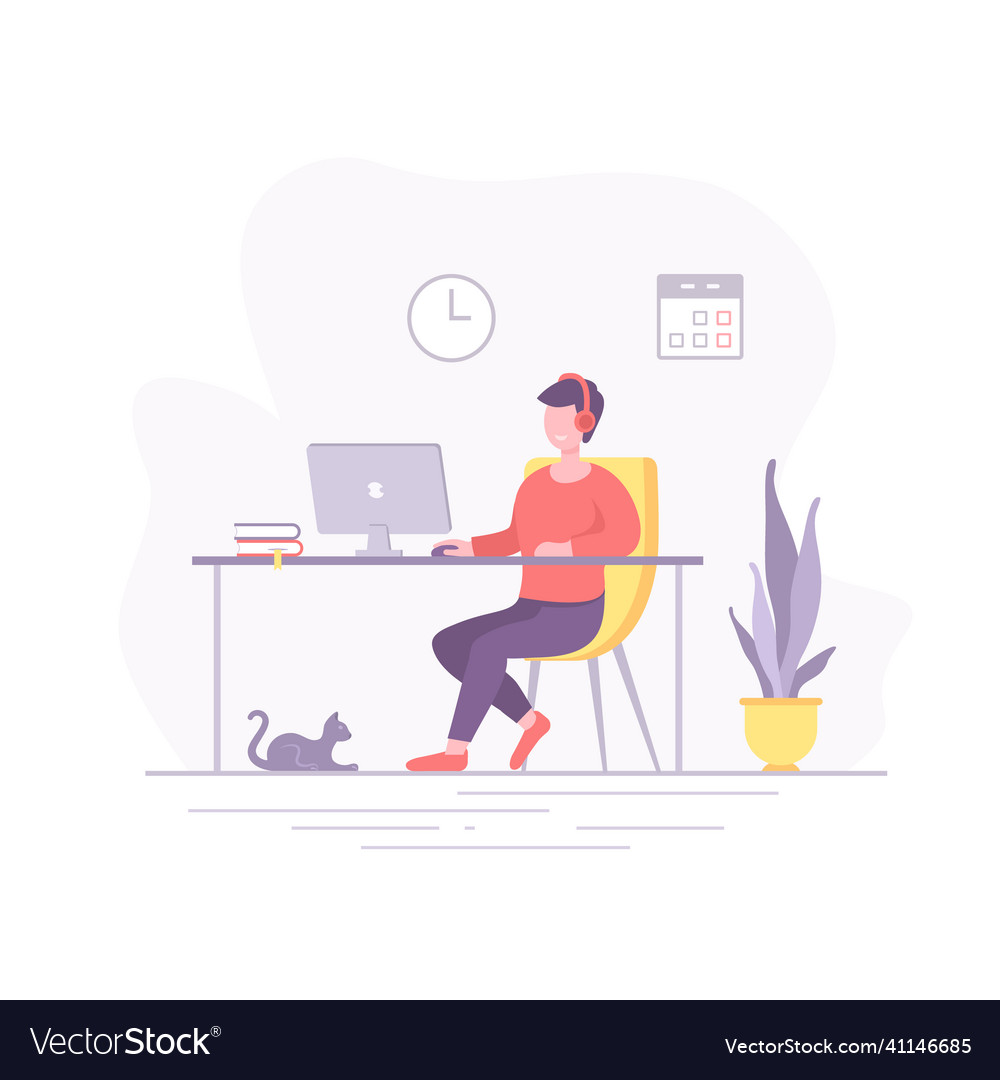 Man at the table works on computer flat design vector image Man at the table works on computer flat design