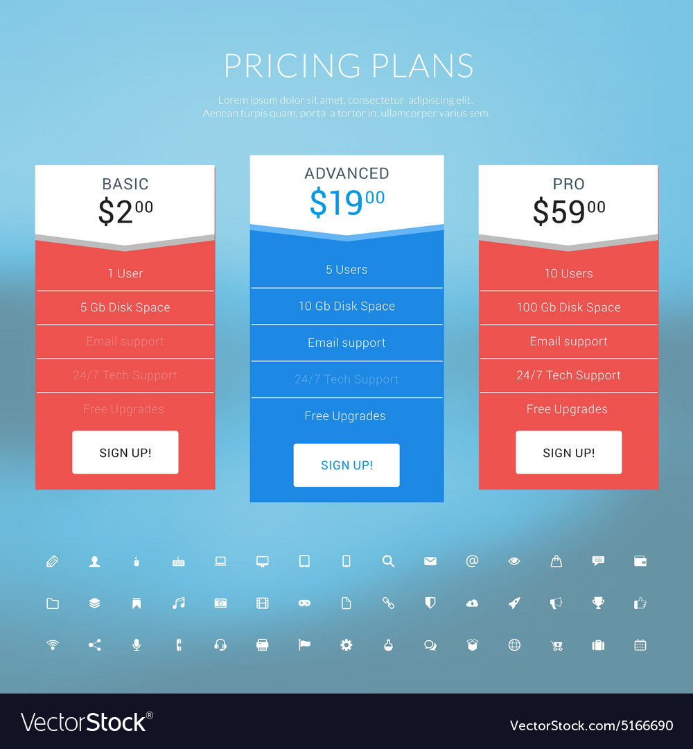 Pricing table in flat design style for websites