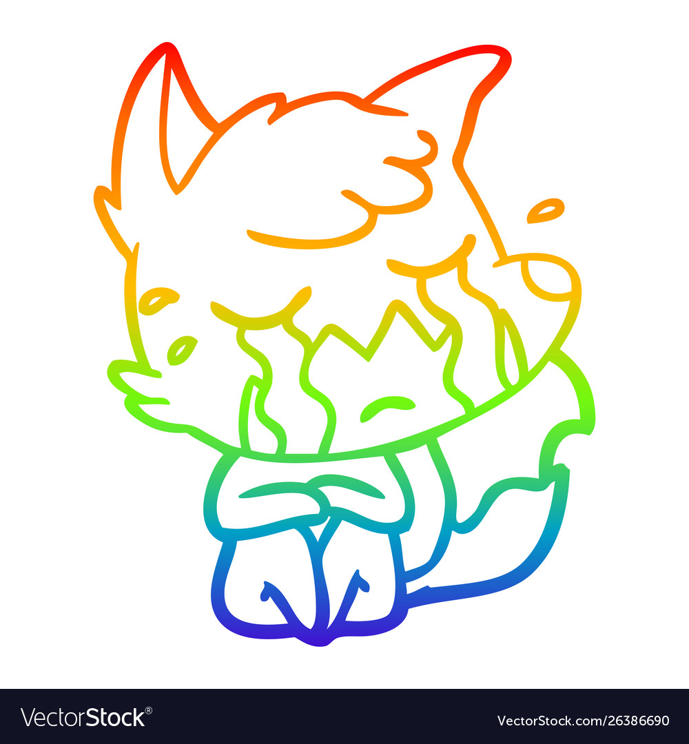 Rainbow gradient line drawing crying fox cartoon Vector Image