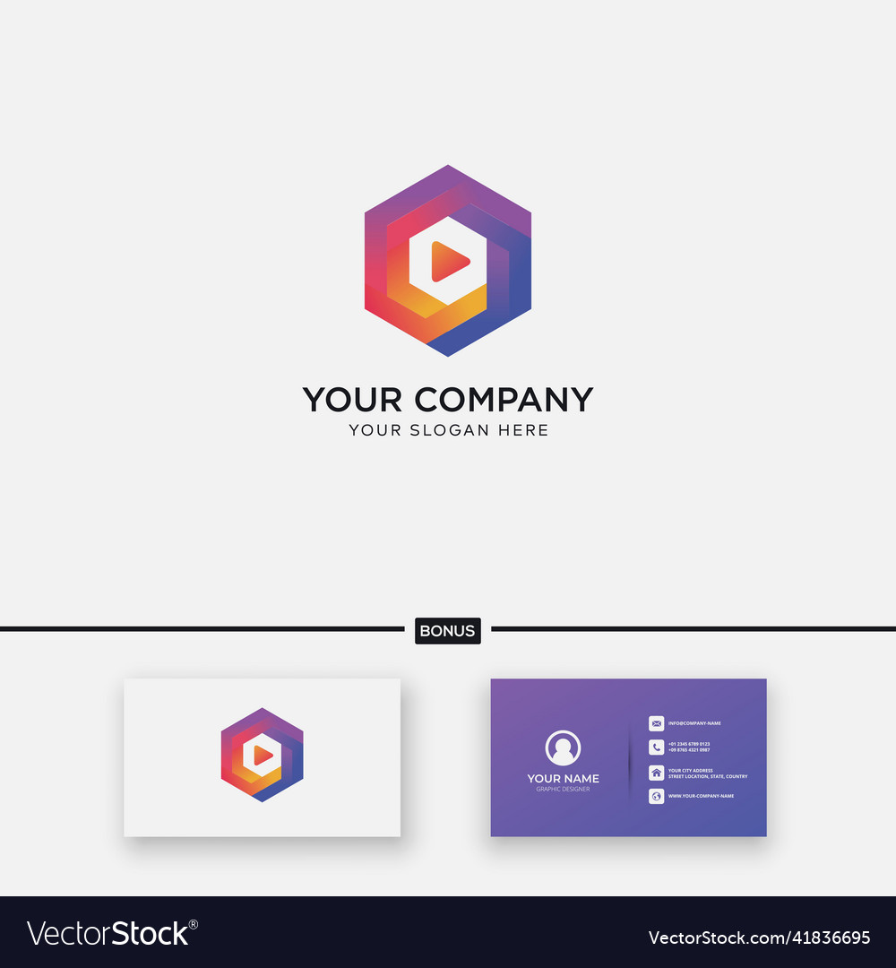 Abstract hexagonal play button logo design modern