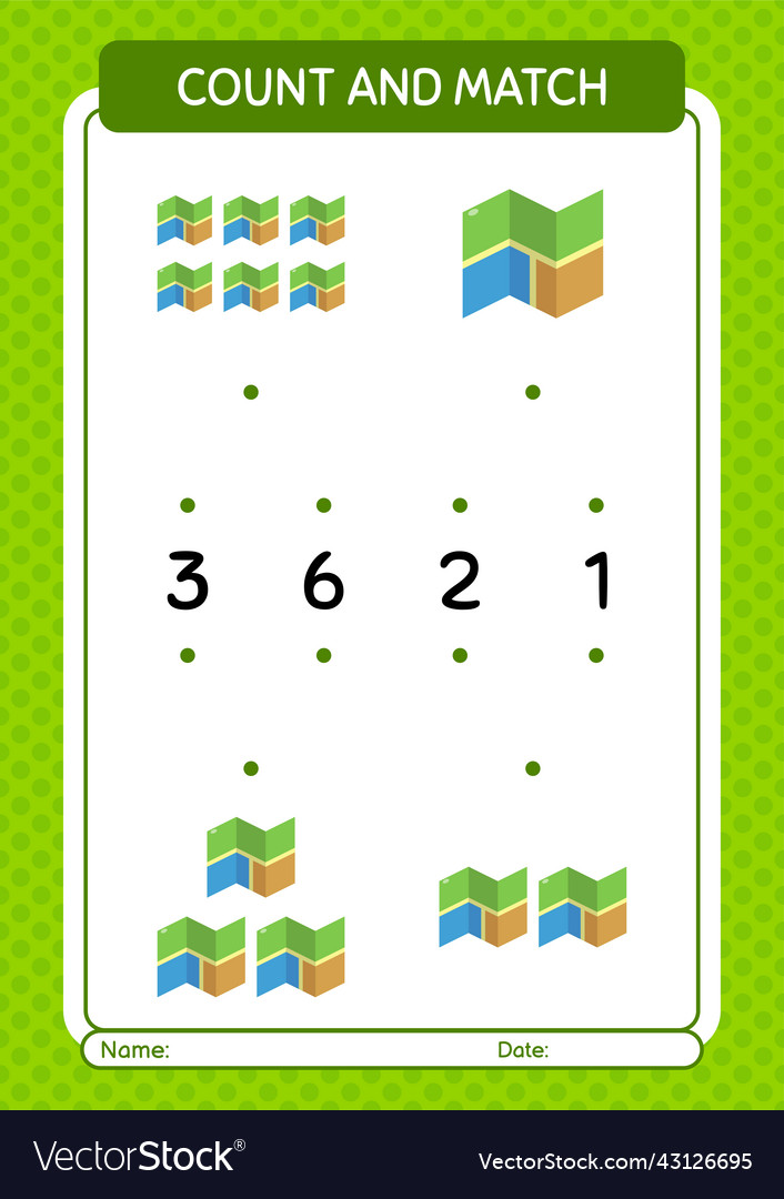 Count and match game with map worksheet vector image Count and match game with map worksheet