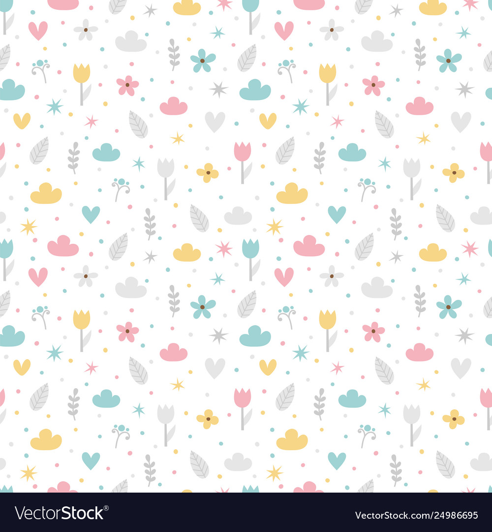 Hand drawn seamless pattern with flowers stars