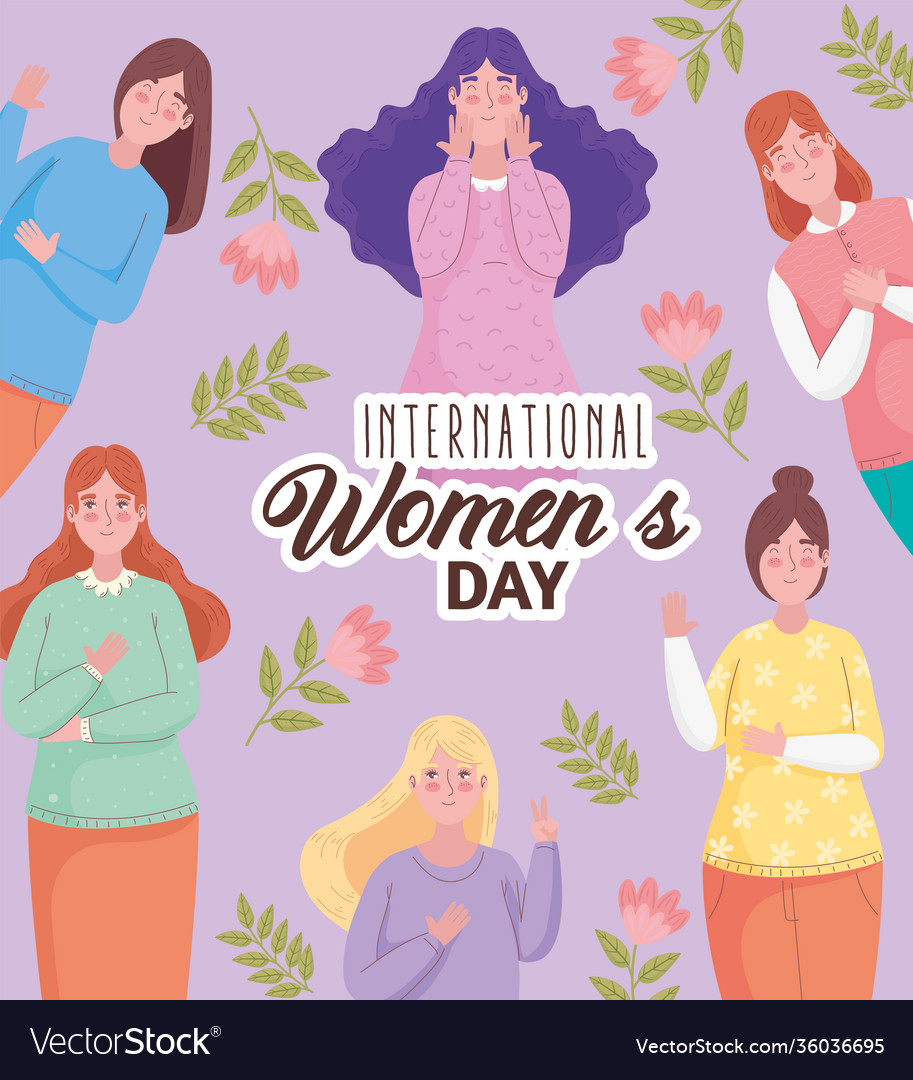 Happy womens day lettering with group girls Vector Image