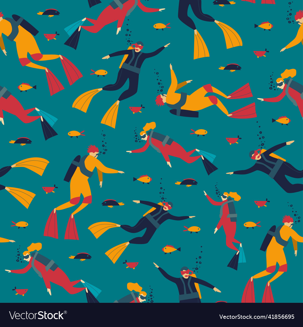 Seamless pattern with divers diving underwater